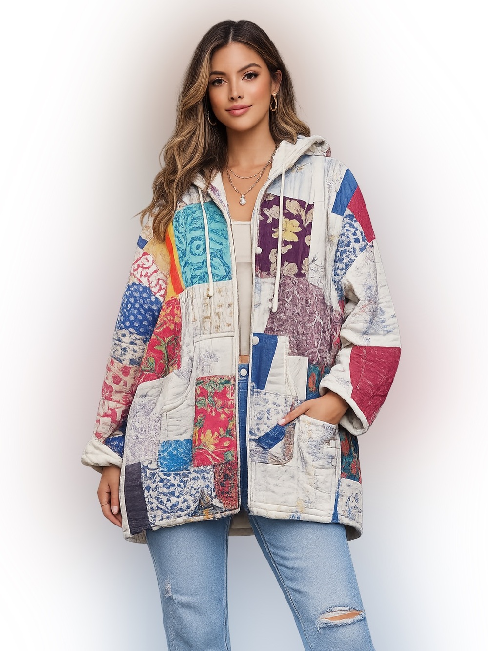 Kantha Colorful Patchwork Hooded Jacket